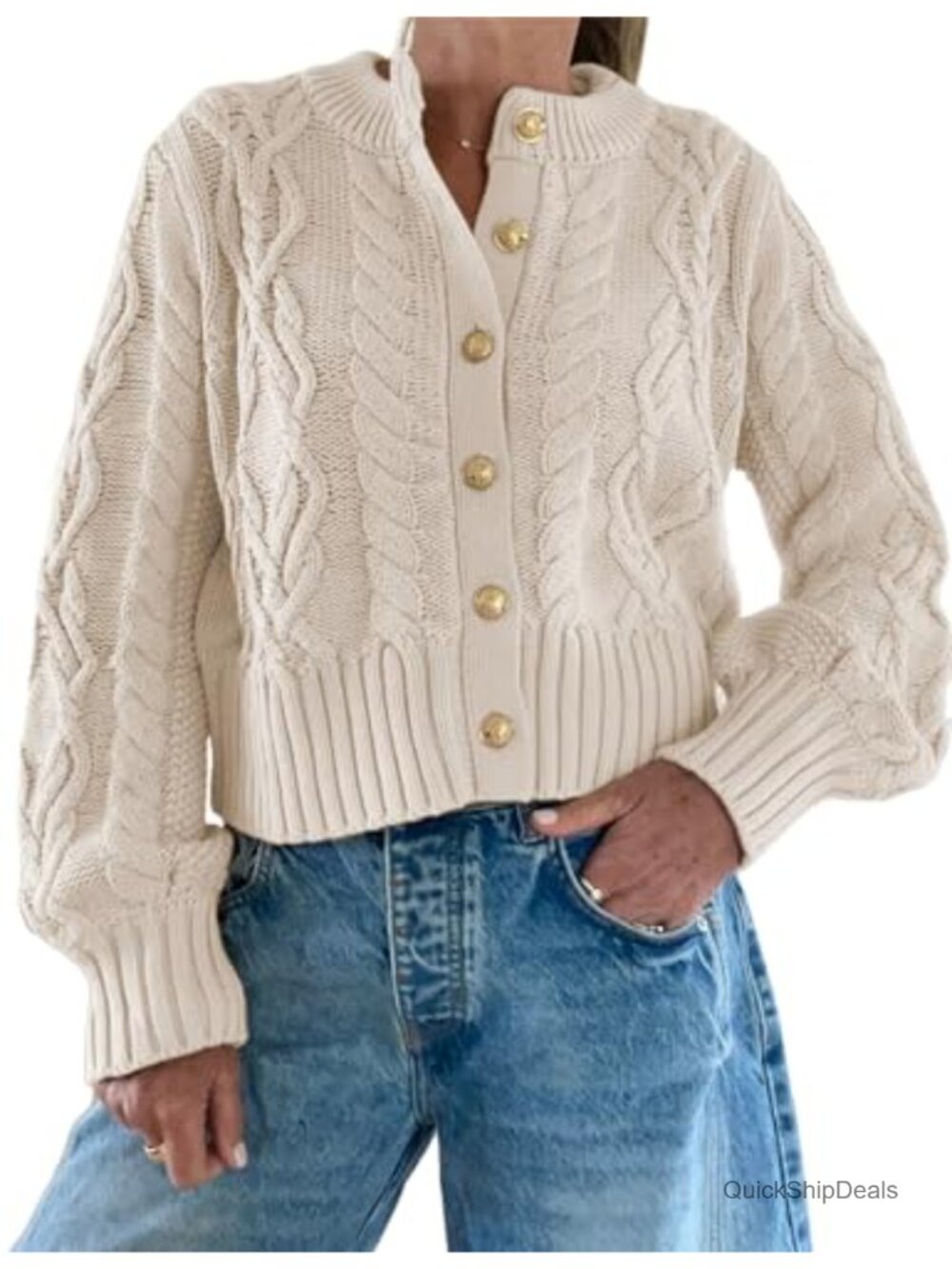 Women's Cropped Cable Knit Cardigan Button Up Long Sleeve Sweater